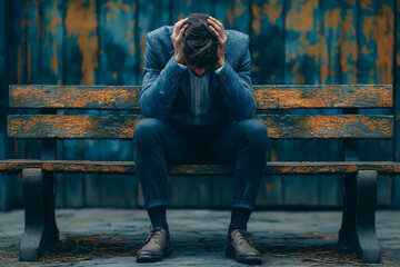 Wall Mural - A man sits on a bench with his hands on his head. He is wearing a suit and he is in a state of distress