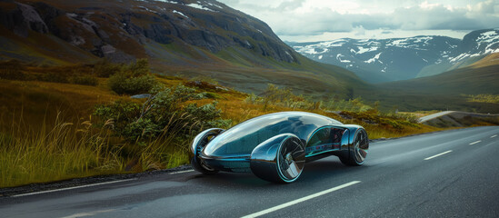  futuristic high-tech car on a picturesque road, landscape, style, technology, speed, wheels, transport, travel, future, glass