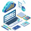 © PrusarooYakk - isometric illustration of a laptop computer with a cloud of data and other elements