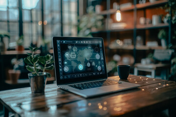 Wall Mural - a laptop is open on a wooden table with a cup of coffee next to it