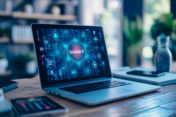 Wall Mural - a laptop screen displays a blue and red malware symbol