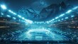Futuristic sports stadium with holographic technology in a snowy mountain setting