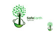Safe Earth Logo Design Template With Raise Hand Tree.