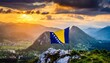 The Flag of Bosnia and Herzegovina On The Mountain.