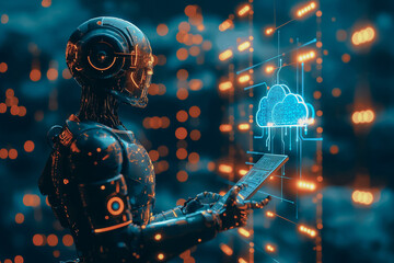Wall Mural - a robot is holding a tablet and looking at a cloud