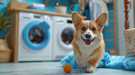 Wall Mural - smiling corgi dog running after a ball in the laundry room with a washing machine and dryer in the background