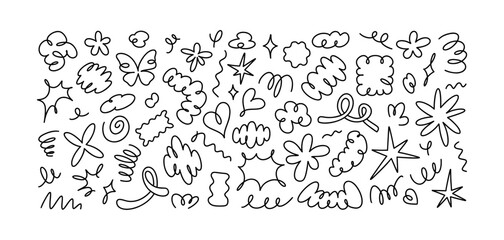 Hand drawn playful organic irregular doodle shapes and stickers. Modern brutalism and y2k sketchy design elements. Flower, heart, star, butterfly, spring, cloud, spiral abstract scribble drawing.