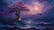 Mystical Twilight Serenade: Sculptural Acrylic Waves with Cherry Blossom Tree under a Lavender Moonlit Sky for Fantasy-Inspired Wall Art