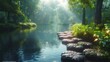 Serene river landscape with stepping stones amidst lush greenery and calm waters