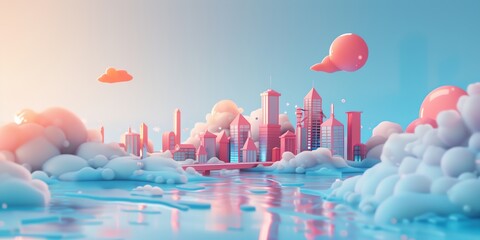 3D render, illustration 16K cute landscape, mini city , gradient green and blue pastel colors background