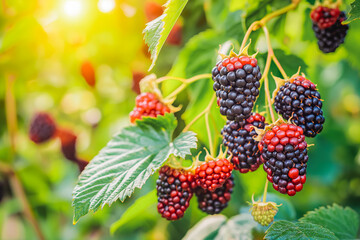 Wall Mural - Bunch of fresh ripe blackberry hanging on a tree in blackberry garden.