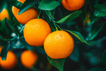 Wall Mural - Bunch of fresh ripe oranges hanging on a tree in orange garden.