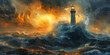 Digital art of resilient lighthouse stands firm against the fury of a tempestuous ocean storm, with waves crashing and fiery skies above.