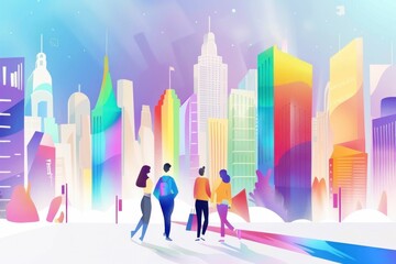 Wall Mural - Group of Three People Walking in Front of Vibrant Colorful Cityscape Buildings Backdrop