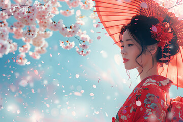 Wall Mural - Asian woman wearing japanese traditional kimono and umbrella in a cherry blossom garden on a spring day in Kyoto Japan, illustration