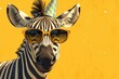 zebra wearing sunglasses and a party hat on yellow background