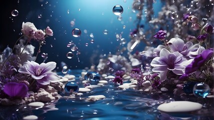 Wall Mural - A scene with flowers and bubbles in shades of blue and purple