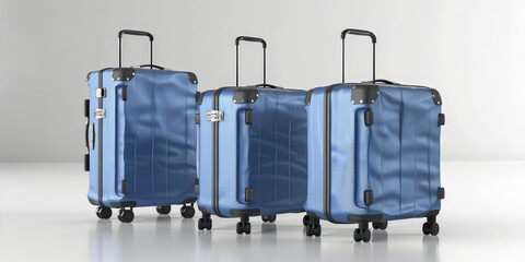 set of blue suitcases on white background