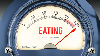 Eating and Consumption Meter that is hitting a full scale, showing a very high level of eating, overload of it, too much of it. Maximum value, off the charts.  ,3d illustration