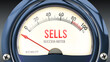 Sells and Success Meter that hits less than zero, showing an extremely low level of sells, none of it, insufficient. Minimum value, below the norm. Lack of sells. ,3d illustration