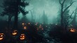 A mysterious fog enveloping a spooky forest, with the silhouettes of dead trees looming over a trail of sinisterly glowing pumpkins.