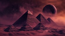 Pyramids On Dark Red Alien Planet.