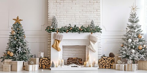 Wall Mural - Christmas Interior of festive living room with fireplace. Christmas socks with gifts on fireplace in living room. Festive New Year magic background