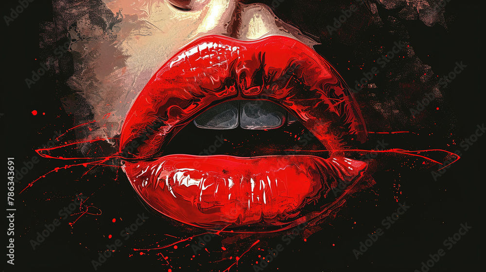 Beautiful Portrait of Woman Lips With Splashed Red Liquid Paint Color ...