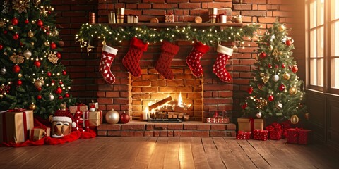 Poster - christmas interior of festive living room with fireplace. christmas socks with gifts on fireplace in