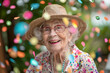 Attractive bright elderly woman in an elegant hat celebrating her centenary