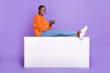 Wall Mural - Full length profile side photo of young lady use smartphone fast connection 4g download isolated over violet color background