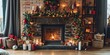 © megavectors - Christmas Interior of festive living room with fireplace. Christmas socks with gifts on fireplace in living room. Festive New Year magic background