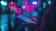 © Ellionn - Hand of person use mobile phone for email with notification alert. Online communication concept. E mail icon fly abstract. Man receive sms on smartphone. Internet connection. Send message. Neon light.