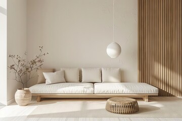 Wall Mural - minimalist beige living room interior with white sofa and natural wooden decor cozy modern home