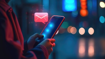 hand of person use mobile phone for email with notification alert. online communication concept. e m