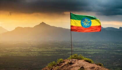 Wall Mural - The Flag of Ethiopia On The Mountain.