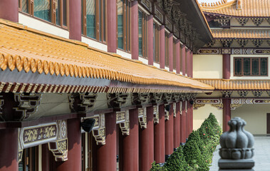 Perspective exterior view of Gable roof and slab of colored tiles at Fo Guang Shan Thaihua Temple. The Institute of Buddhism, Taiwanese temple style, Space for text,