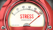 Stress and Tension Meter that is hitting a full scale, showing a very high level of stress, overload of it, too much of it. Maximum value, off the charts.  ,3d illustration