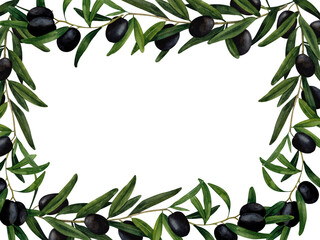 Wall Mural - Olive branches and lemons watercolor frame, hand-painted composition for printing on cards, invitations, recipes, cookbooks, packaging and product labels