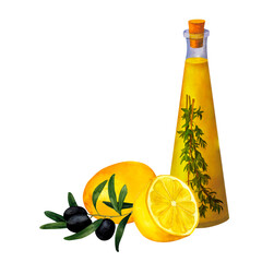 Canvas Print - Bottle of aromatic olive oil seasoned with kitchen herbs, chili pepper, thyme, rosemary, olive branches and lemon watercolor composition for printing on cards, invitations, recipes, product labels