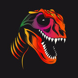 Fototapeta  - Dinosaurier Schädel Tyrannosaurus Rex Dino Kopf Fossil im Comic Stil gezeichnet schwarz und rötlichen Farben mit schwarzen Hintergrund