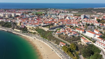 Canvas Print - Aerial panorama of Sines Portugal Europe Aerial view of Avenida Vasco da Gamma and the sandy beach.