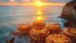 A realistic photo of floating Portuguese custard tarts, with a coastal sea cliff background at sunset