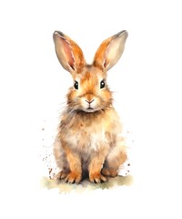 Cute brown rabbit isolated on white background, watercolor illustration.