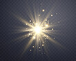 Sunlight lens flare, sun flash with rays and spotlight. Gold glowing burst explosion on a transparent background.  
Vector illustration.