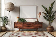 © GraphixOne - A mockup poster frame 3d render in a mid-century sideboard, next to a geometric rug, with a minimalist lamp for lighting, in earthy tones, hyperrealistic