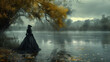 A mysterious figure in a black dress and hat stands by a misty lake under a willow tree, evoking a serene yet eerie atmosphere.