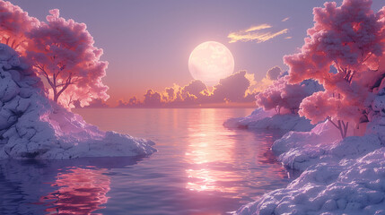 Wall Mural - A serene landscape featuring pink-hued trees on snowy islands, reflecting in calm waters under a large moon at sunset.