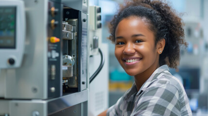 Smiling young female engineer operating machinery in a tech environment