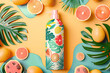 Shampoo bottle with tropical print among citrus fruits on yellow background.